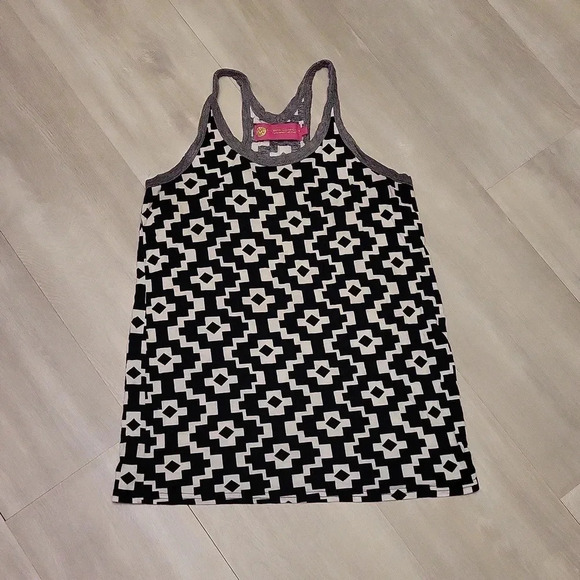 🛍Macbeth Collection Black and White Geometric Print Racerback‎ Tank Womens S - Picture 1 of 7